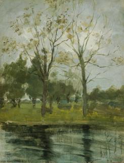 Piet Mondrian - Twee Boom Silhouetten achter een Waterloop