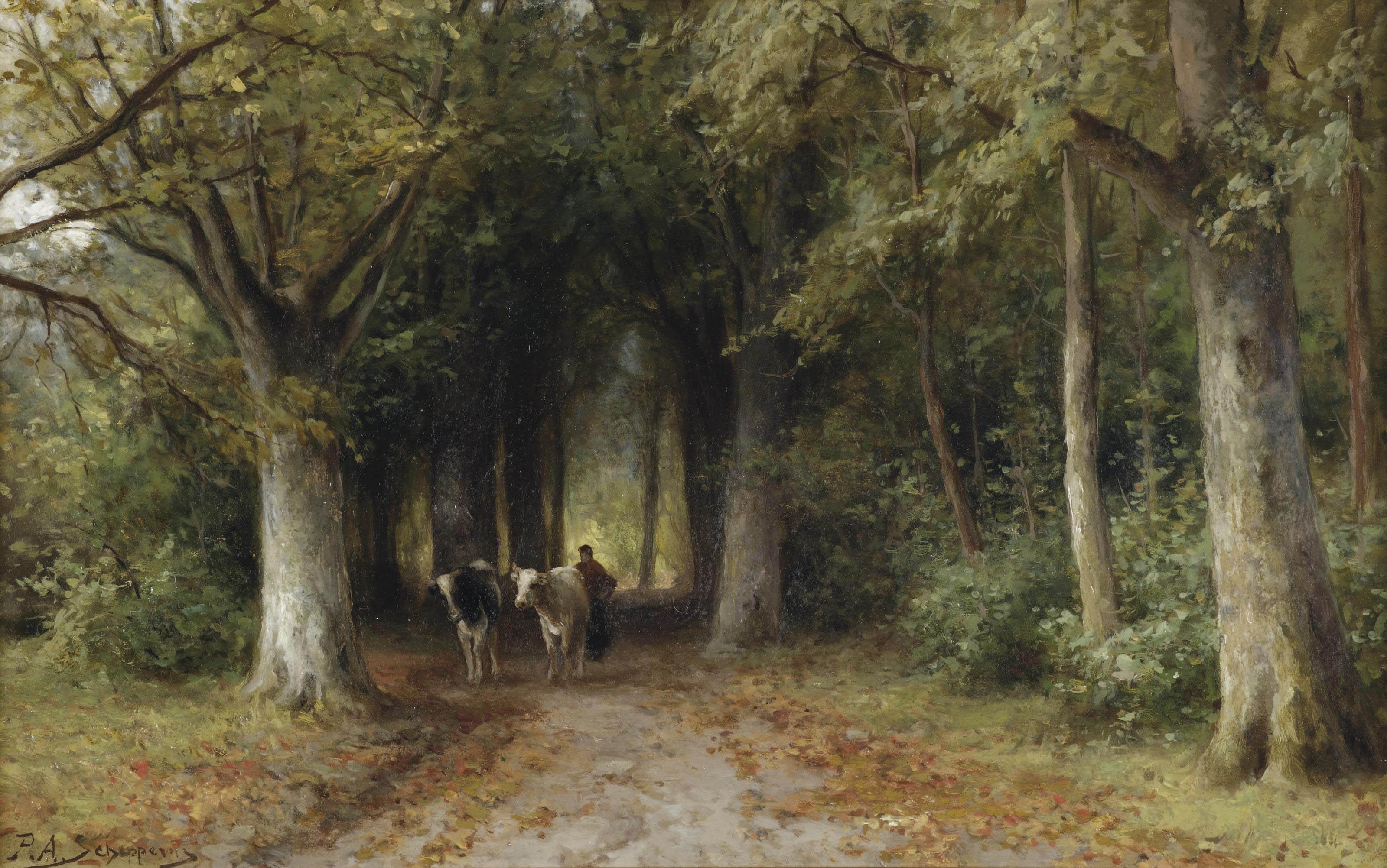 Piet Schipperus - Farmer and cows on a forest track
