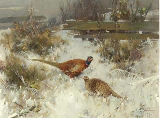 Piet Van Der Hem - Pheasants in a winter landscape (recto); Fenlands (verso)