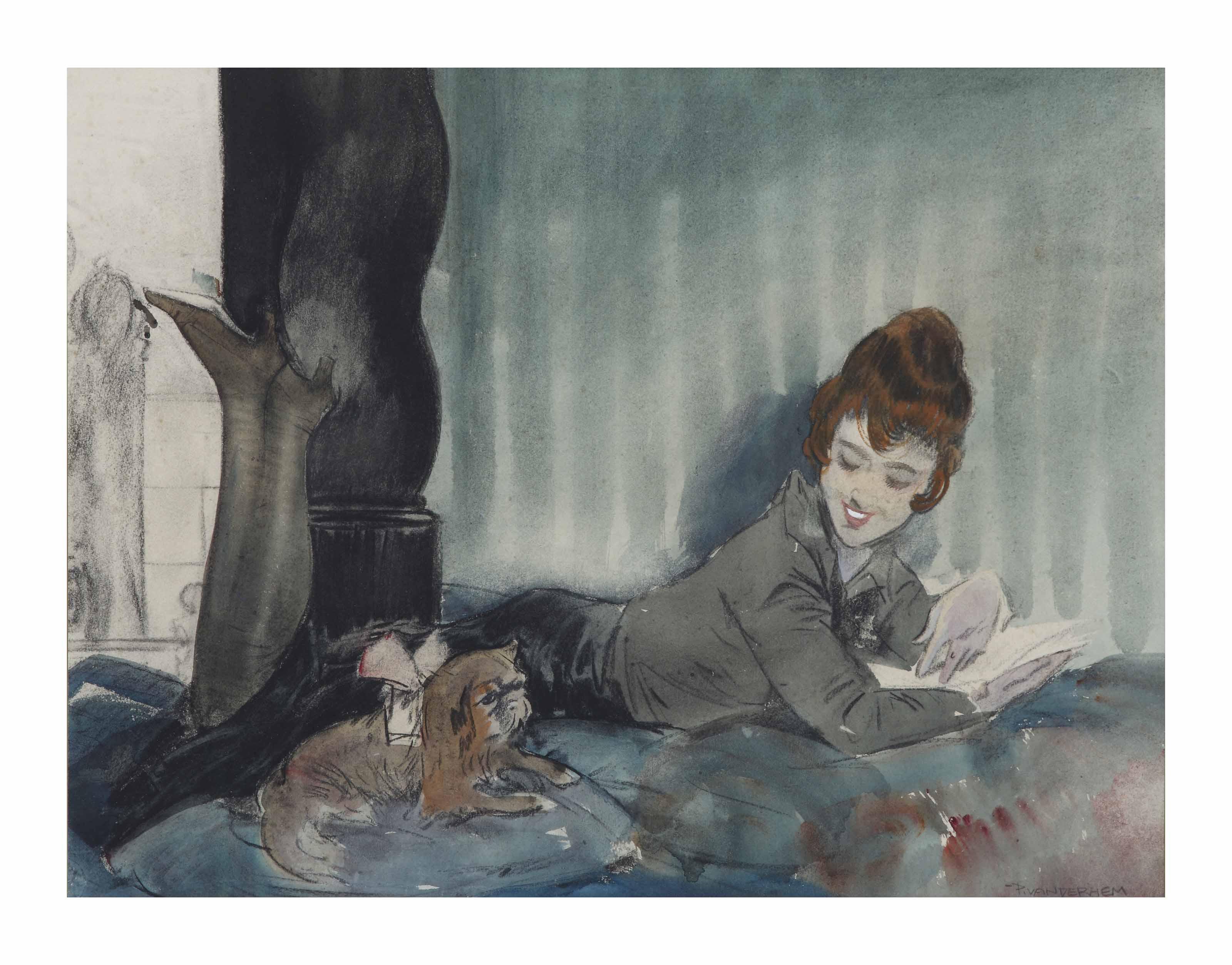 Piet Van Der Hem - Reading woman with dog
