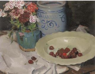 Piet Van Der Hem - Still life with flowers in a ginger jar, a Cologne pot and cherries on a white plate