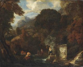 Pieter Andreas Rijsbrack - An Idyllic Mountainous Landscape With Figures By A Stream