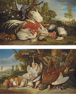 Pieter Andreas Rysbrack - A Dead Cockerel, Ducks, A Pigeon, A Greenfinch And Mushrooms In An Italianate Landscape; And A Dead Pheasant, Partridges, Goldfinches, Quails And Apricots, Plums And Peaches In An Italianate Landscape