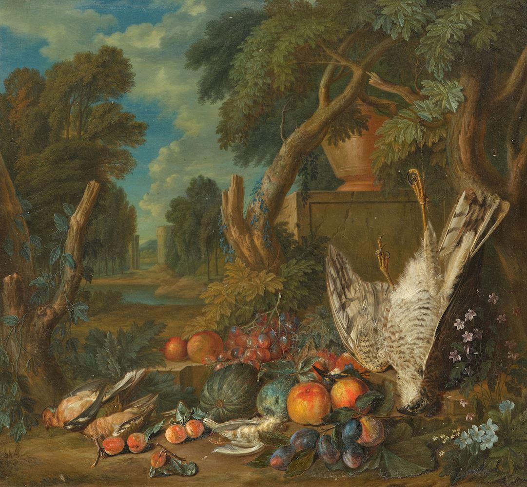 Pieter Andreas Rysbrack - Jagdstillleben mit Früchten in einer Landschaft.