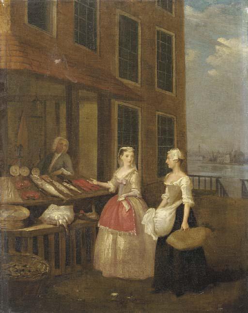 Pieter Angellis - A lady and her maid at a fishmonger the river Thames with the Monument and the City of London visible beyond