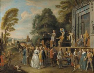 Pieter Angellis - The Charlatans: an outdoor theater with a quack doctor and an audience of gentry, monks and townsfolk