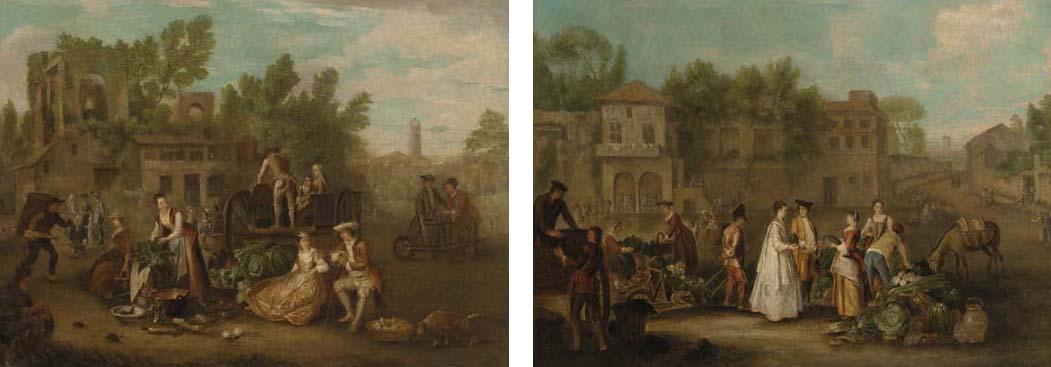 Pieter Angillis - Figures unloading a cart before a ruined village; and Elegant figures in a market square