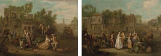 Pieter Angillis - Figures unloading a cart before a ruined village; and Elegant figures in a market square