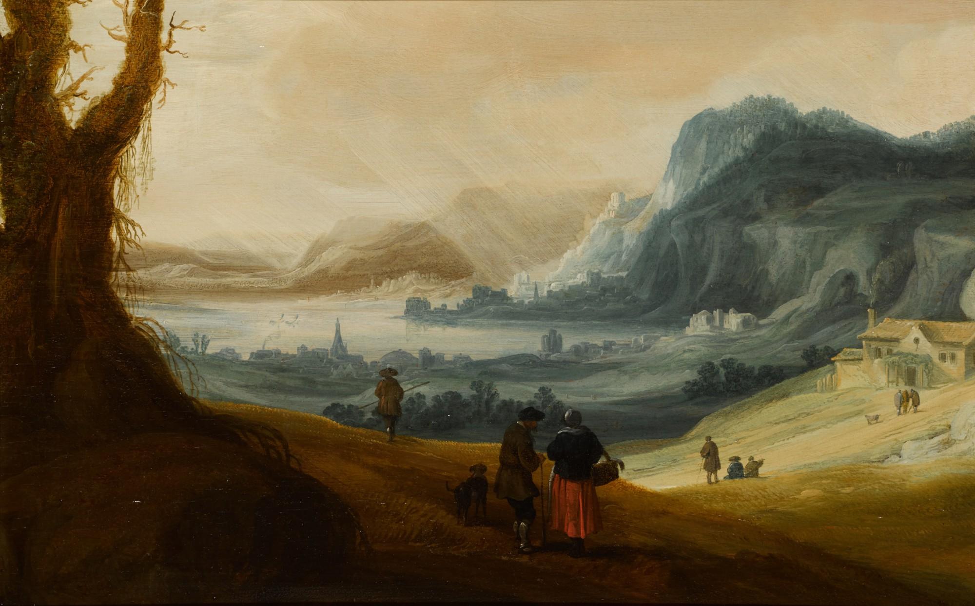 Pieter Anthonisz. Van Groenewegen - A Mountainous River Landscape With Travellers And Towns In The Distance