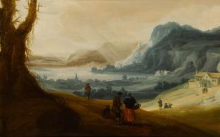 Pieter Anthonisz. Van Groenewegen - A Mountainous River Landscape With Travellers And Towns In The Distance