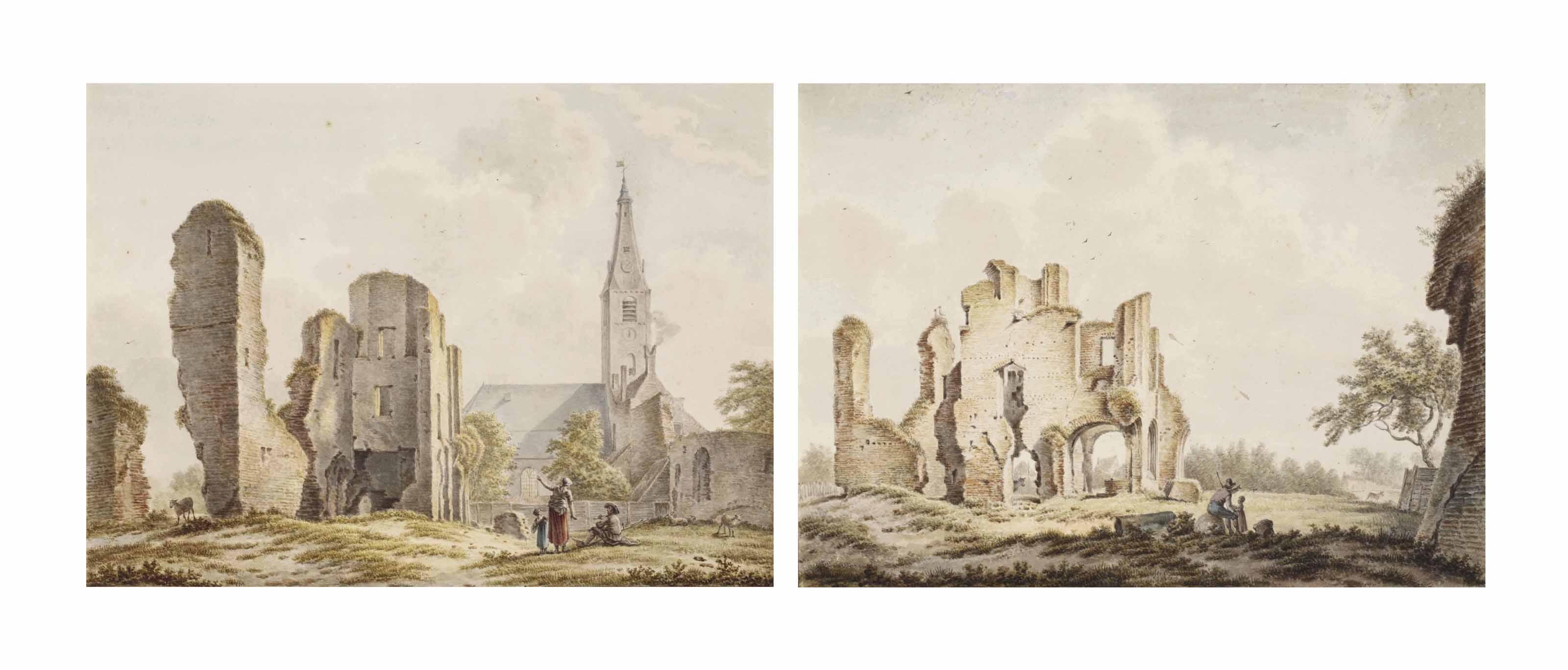 Pieter Barbiers I - View of the ruin of the abbey of Rijnsburg seen from the west; and View of the ruin of the abbey of Rijnsburg seen from the north