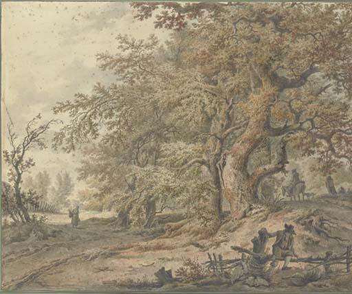 Pieter Barbiers - A forest with a traveller on a horse, a woman carrying a basket and a traveller resting by a barrier in the foreground