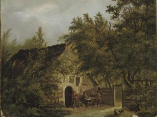 Pieter Barbiers - Peasants outside a cottage in a wooded landscape