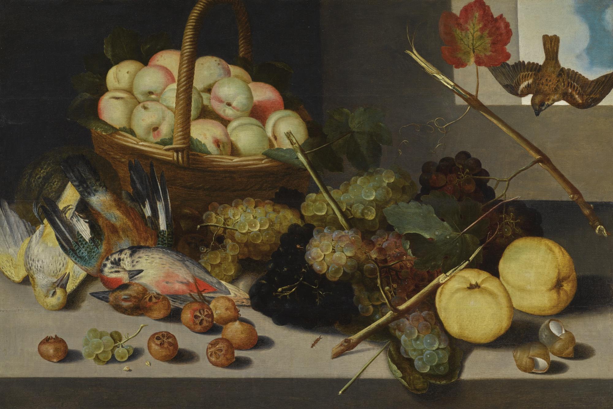 Pieter Binoit - Still Life With A Basket Of Peaches, Grapes, Snail Shells, Medlars And Dead Game, All Arranged Beneath An Open Window