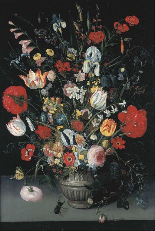 Pieter Binoit - Tulips, irises, pink and white roses, narcissi, primroses and other flowers in a stone vase with butterflies, a caterpillar, a snail and a stag beetle on a ledge