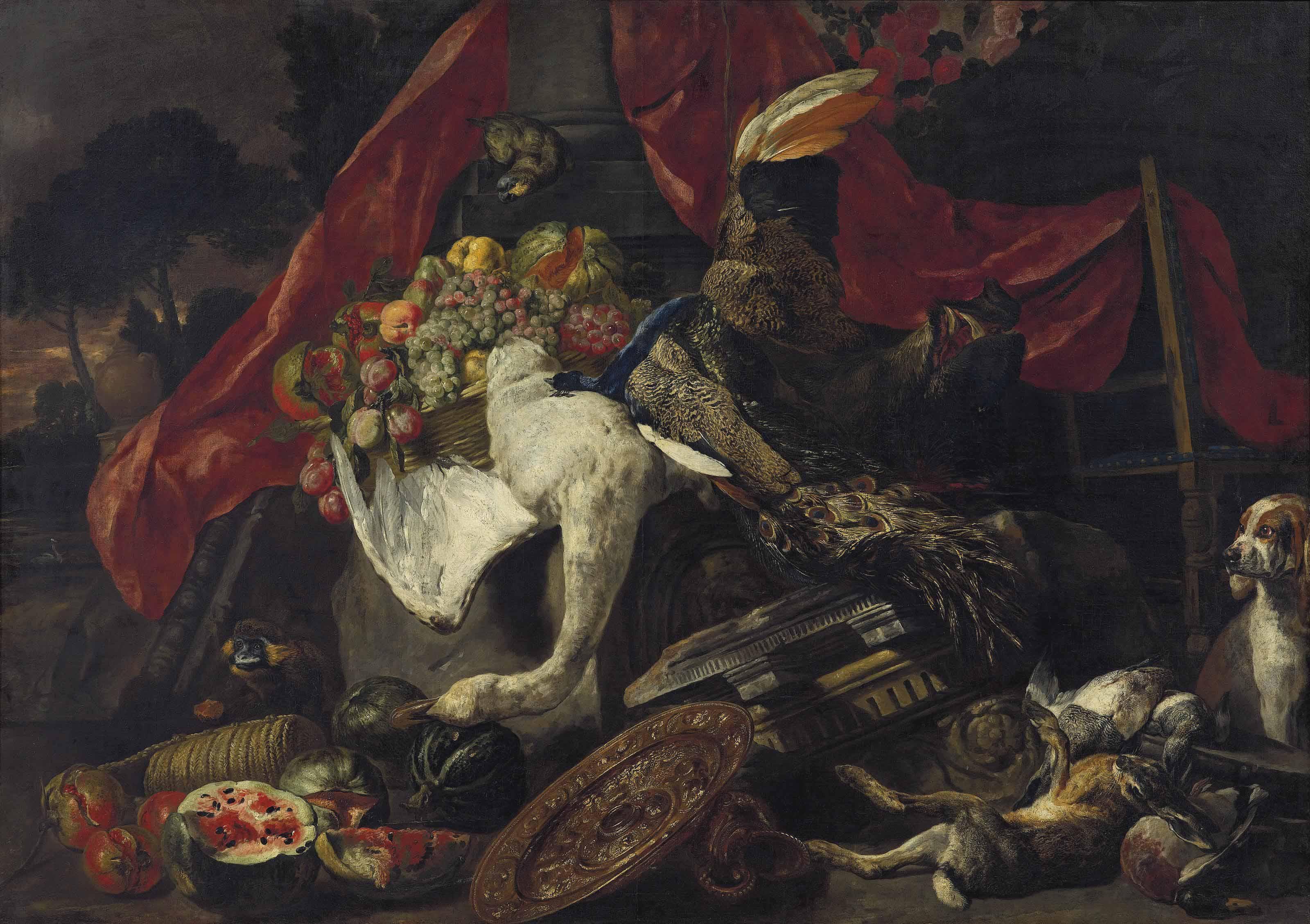 Pieter Boel - A Swan, Rabbit And Other Game With A Parrot, Dogs, Fruit And Metalwork In A Classical Landscape