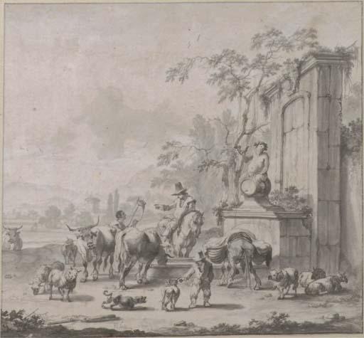 Pieter Bout - A Landscape With Herdsmen, Sheep And Cows Around A Fountain Surmounted By A Statue of Silenus