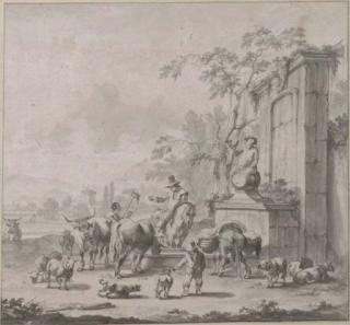 Pieter Bout - A Landscape With Herdsmen, Sheep And Cows Around A Fountain Surmounted By A Statue of Silenus