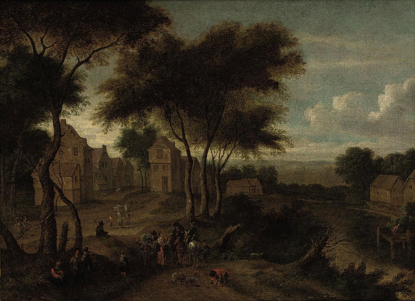 Pieter Bout - A river landscape with a village and travellers on a path