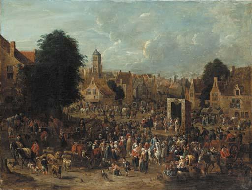Pieter Bout - A town square with actors from the Commedia dell\'Arte performing for villagers on market day