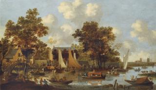 Pieter Bout - A view of the \'Zwaenhals\' near Rotterdam with numerous figures in boats and on foot