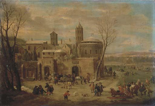 Pieter Bout - A Winter Landscape With Figures Strolling And Unloading A Cart Outside The Walls of A Town, Skating And Sleighing On A Frozen River Nearby