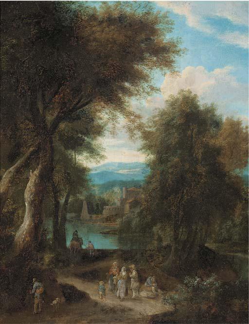 Pieter Bout - A Wooded River Landscape With Travellers On A Track