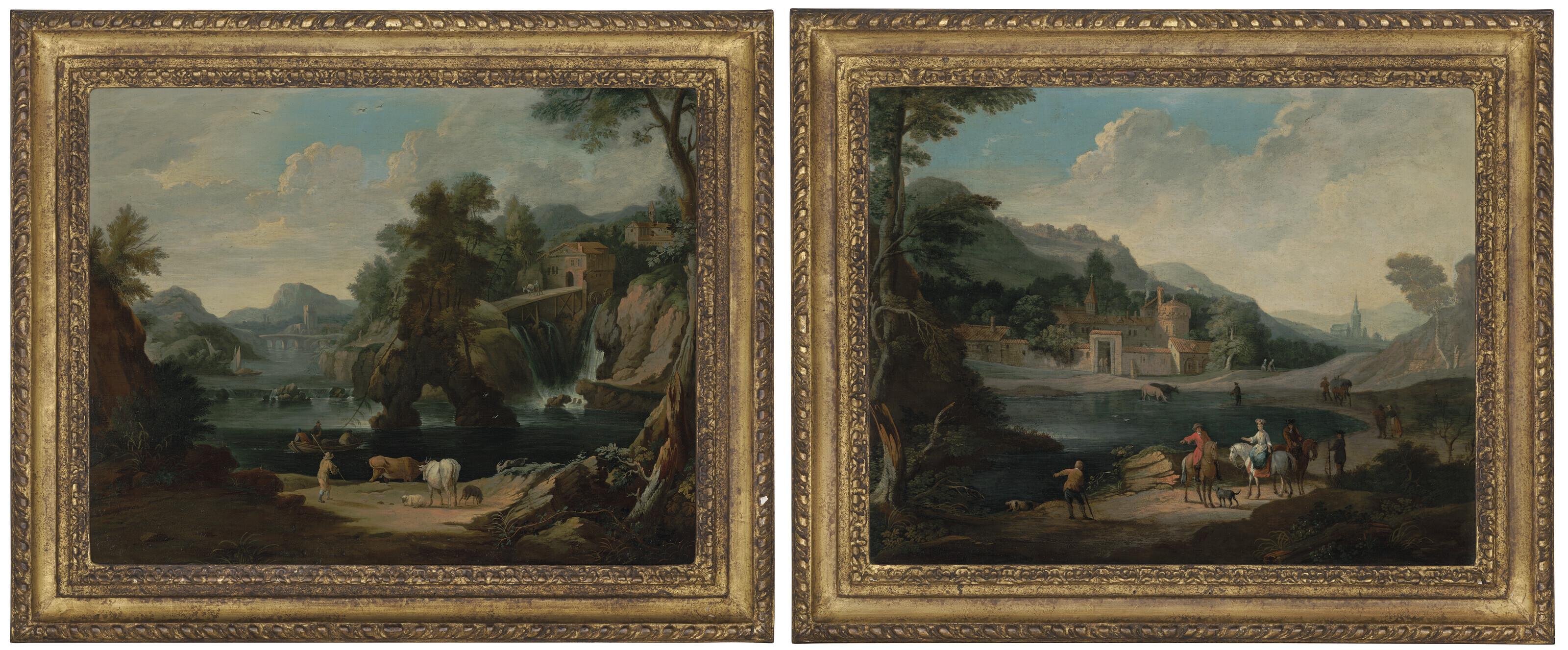 Pieter Bout - An elegant couple beside a lake; and A cowherd beside a cascading river