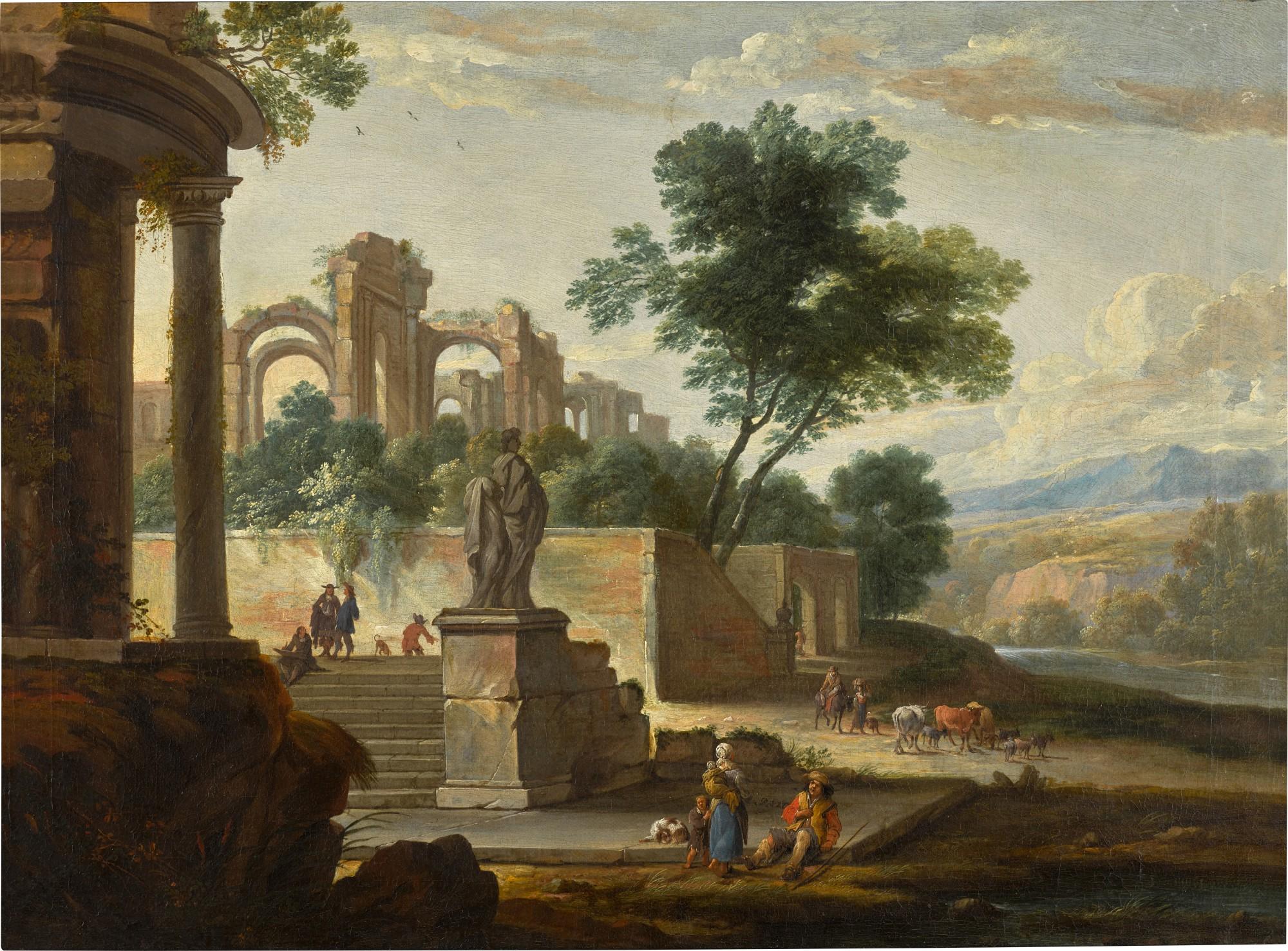Pieter Bout - Classical landscape with Roman ruins, with an artist sketching on a staircase