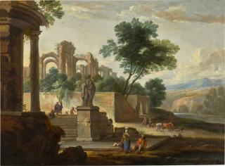 Pieter Bout - Classical landscape with Roman ruins, with an artist sketching on a staircase
