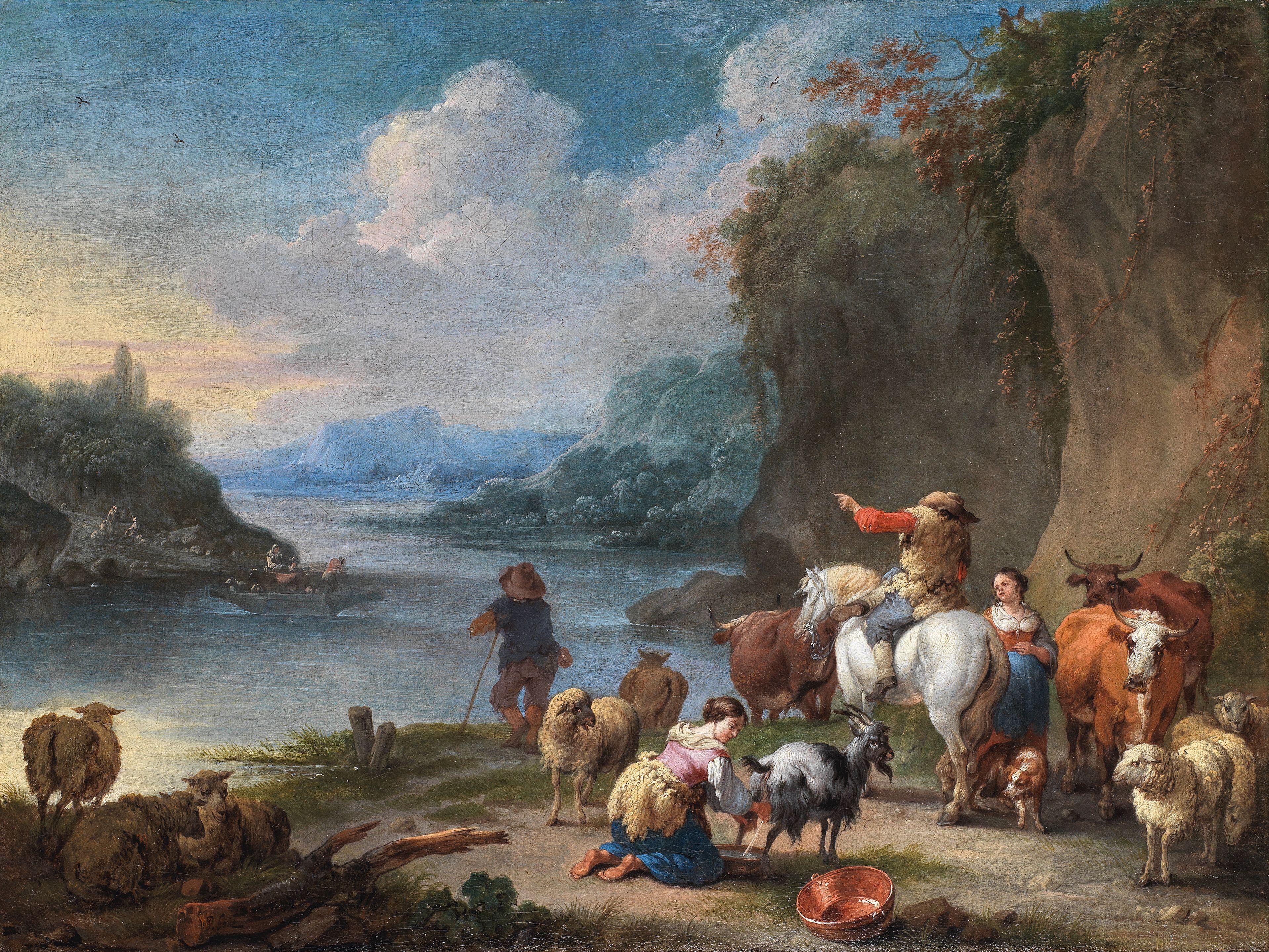 Pieter Bout - Drovers and their herd resting beside a river