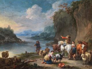 Pieter Bout - Drovers and their herd resting beside a river