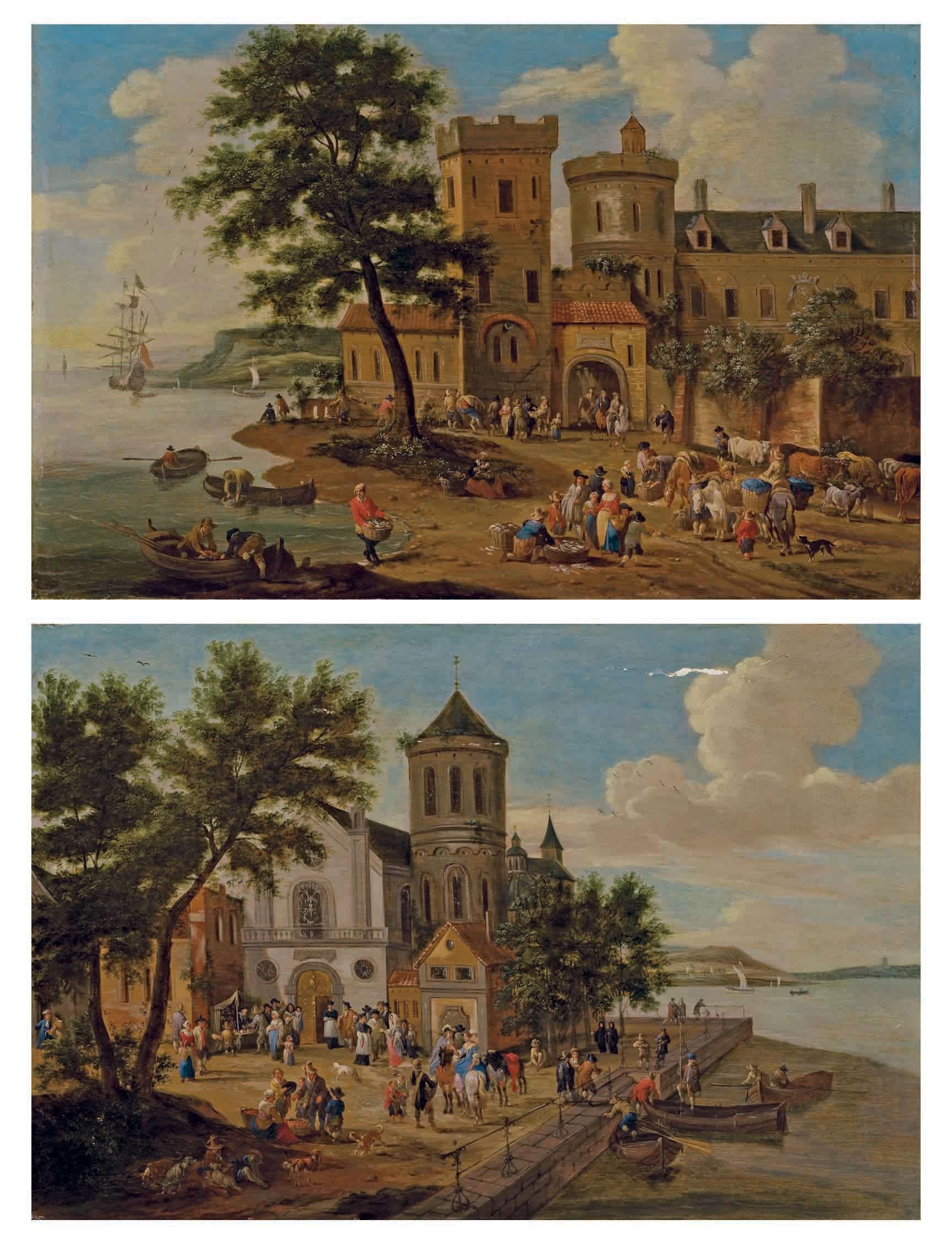 Pieter Bout - Scène De Marché Au Bord D\'Une Rivière À L\'Entrée D\'Une Ville; Et Personnages Devant L\'Église Du Village Aux Abords Du Fleuve