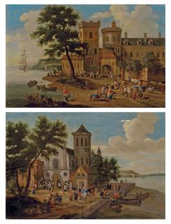 Pieter Bout - Scène De Marché Au Bord D\'Une Rivière À L\'Entrée D\'Une Ville; Et Personnages Devant L\'Église Du Village Aux Abords Du Fleuve