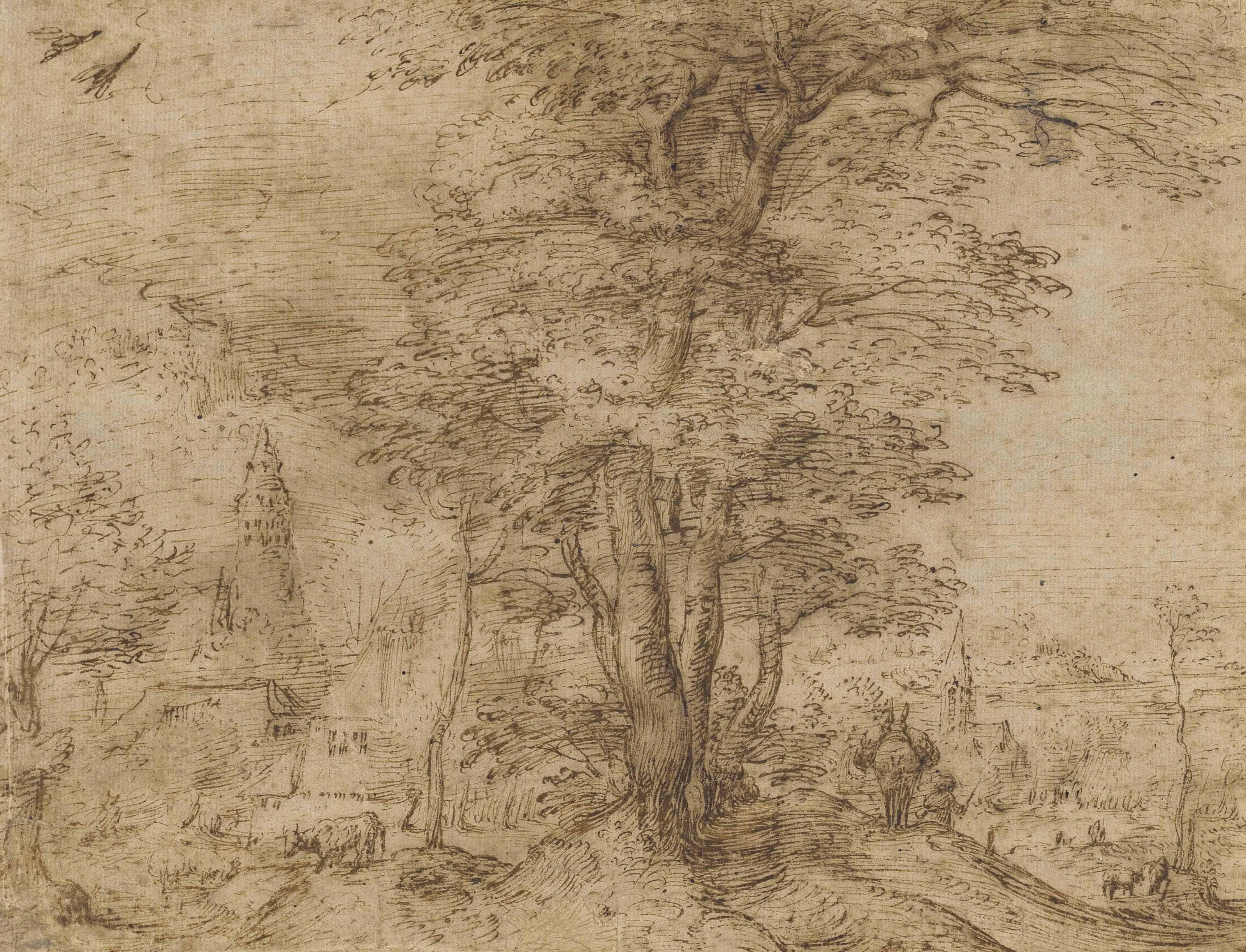 Pieter Bruegel The Elder - A village with a group of trees and a mule