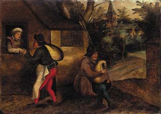 Pieter Brueghel II - A peasant paying court to a woman, with a bagpipe player in a village