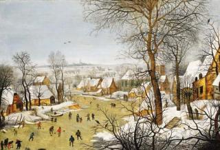 Pieter Brueghel II - A winter townscene with skaters on a frozen river by a bird trap, a view of Antwerp beyond