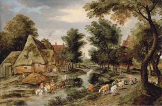 Pieter Brueghel II - A wooded village landscape with a herdswoman on a path and a horse and cart crossing a river
