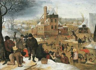 Pieter Brueghel The Younger - A winter landscape with peasants skating and playing kolf on a frozen river, a town beyond