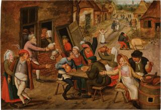 Pieter Brueghel the Younger - Peasants feasting and merrymaking in a village street