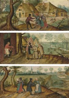Pieter Brueghel The Younger - Peasants Greeting One Another; Two Monks In Front Of An Inn; Two Peasant Couples