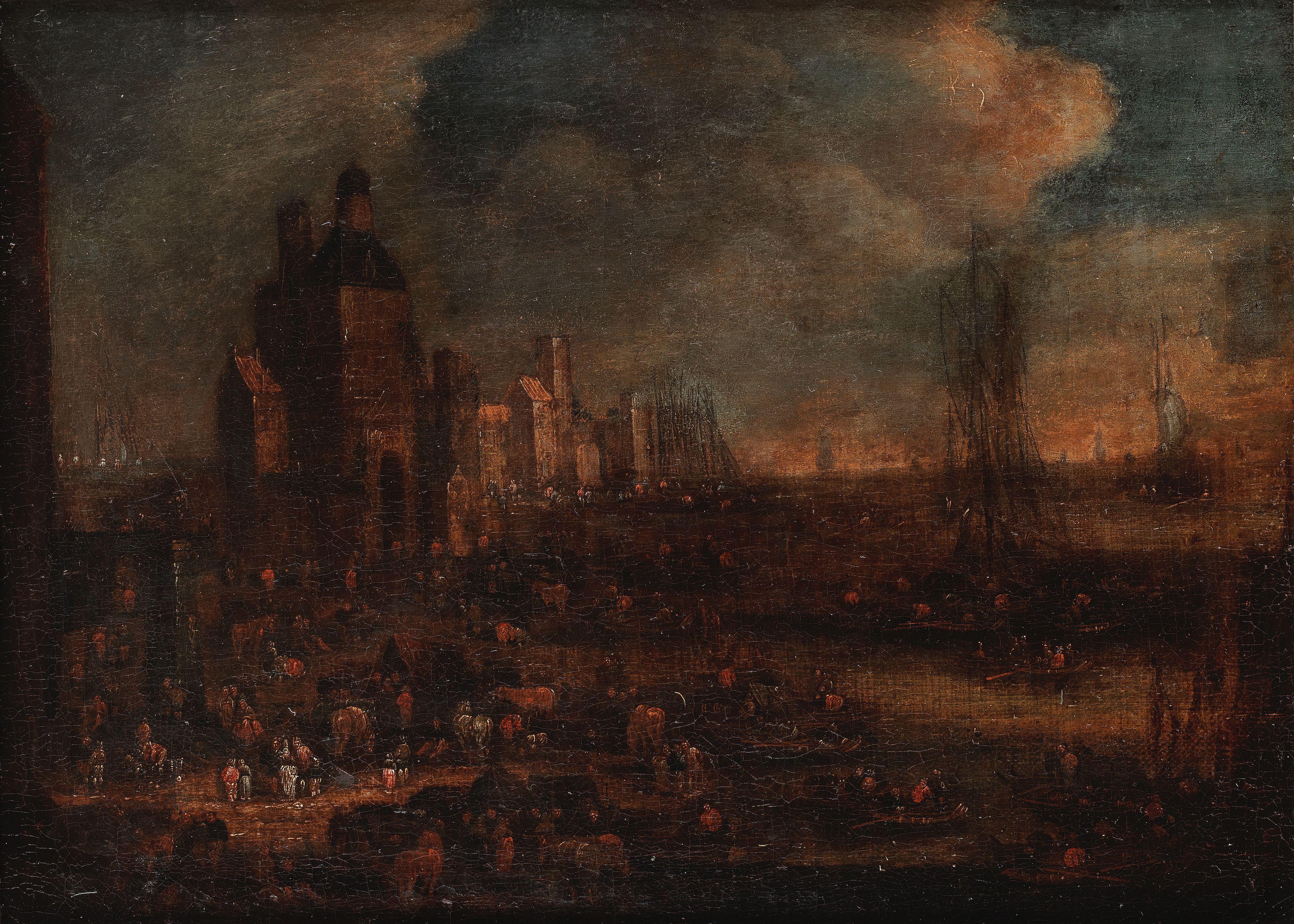 Pieter Casteels II - A busy harbour with shipping at anchor in the bay; and A busy harbour with figures loading boats in the foreground (2)