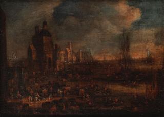 Pieter Casteels II - A busy harbour with shipping at anchor in the bay; and A busy harbour with figures loading boats in the foreground (2)