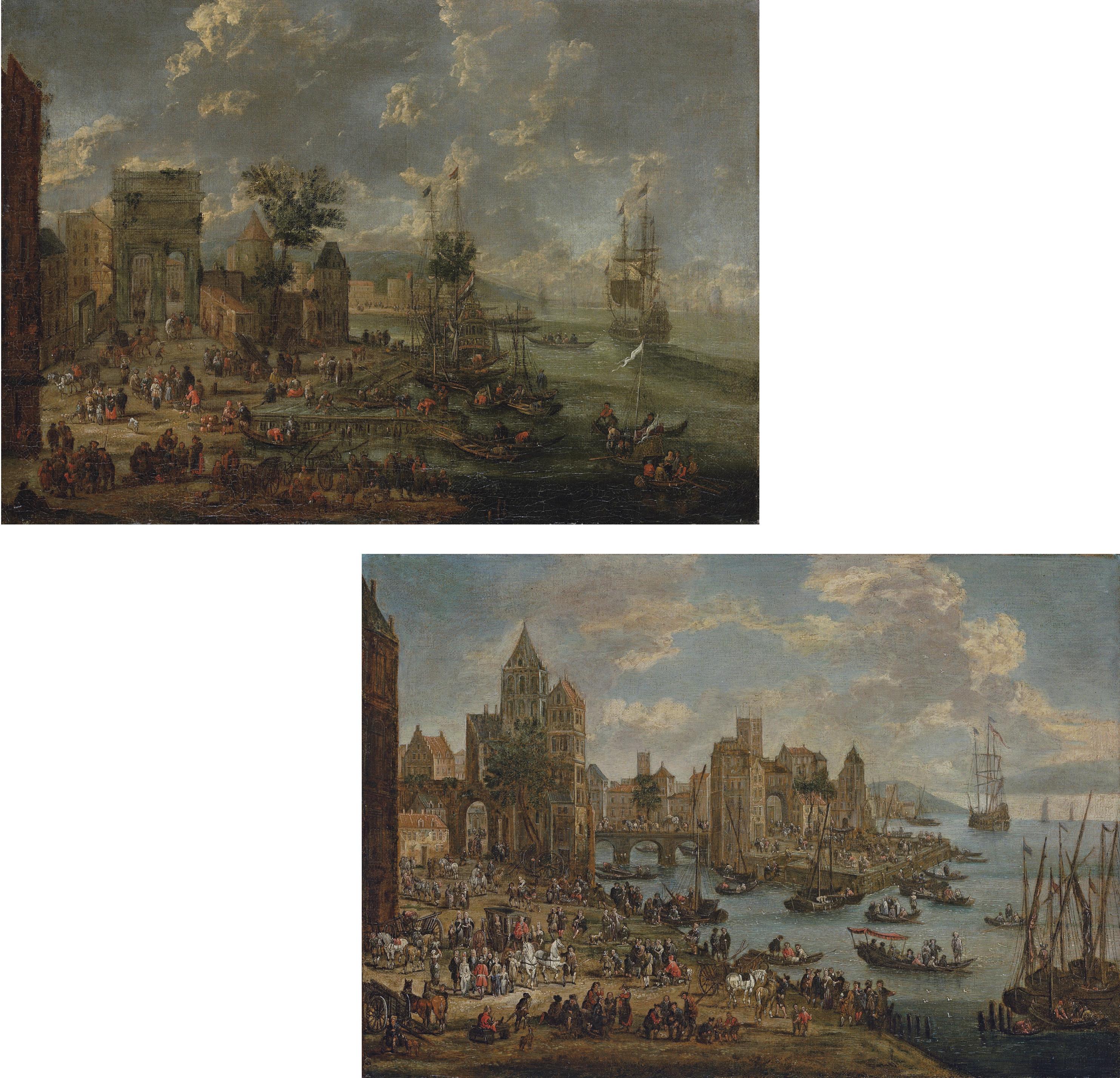 Pieter Casteels II - A Capriccio of A Busy Port With The Ruins of A Triumphal Arch; And A Capriccio of A Busy Port With A Bridge, A Coach In The Foreground