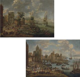 Pieter Casteels II - A Capriccio of A Busy Port With The Ruins of A Triumphal Arch; And A Capriccio of A Busy Port With A Bridge, A Coach In The Foreground