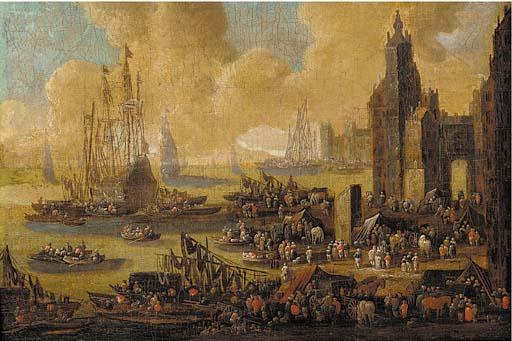 Pieter Casteels II - A capriccio of a northern harbour, with townsfolk, merchants, stevedores and sailors on the quays and in boats