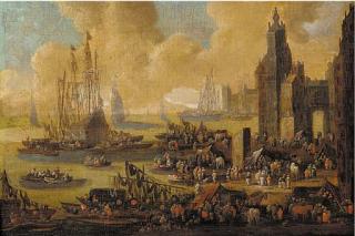 Pieter Casteels II - A capriccio of a northern harbour, with townsfolk, merchants, stevedores and sailors on the quays and in boats