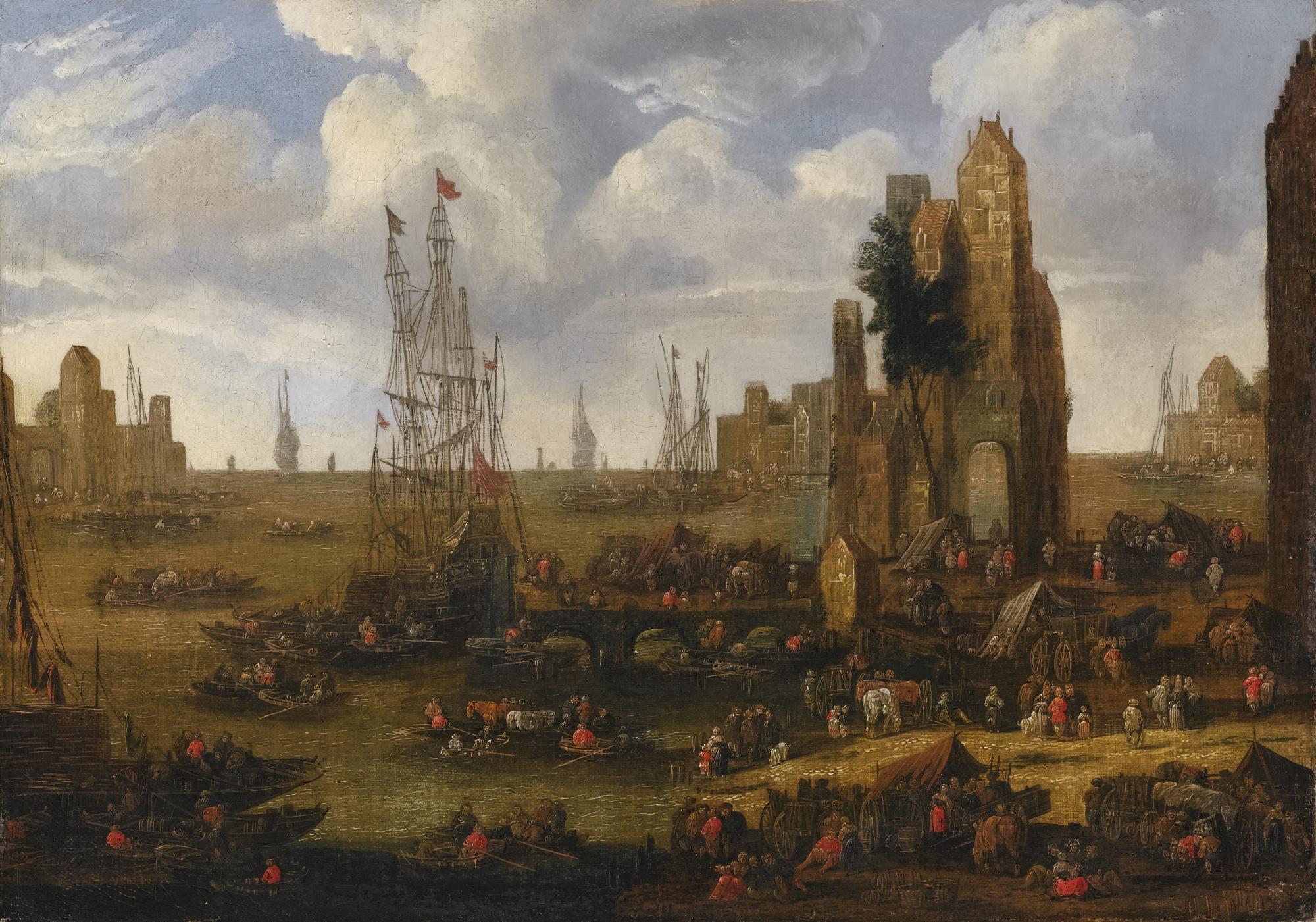 Pieter Casteels II - A Capriccio View Of A Busy Harbour Scene With Figures Loading Their Boats