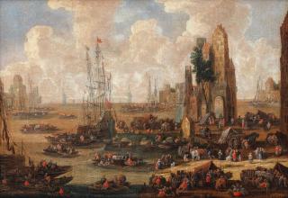 Pieter Casteels II - A capriccio view of a busy harbour scene