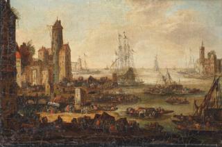 Pieter Casteels II - A View of A Coastal Town, Shipping In The Distance